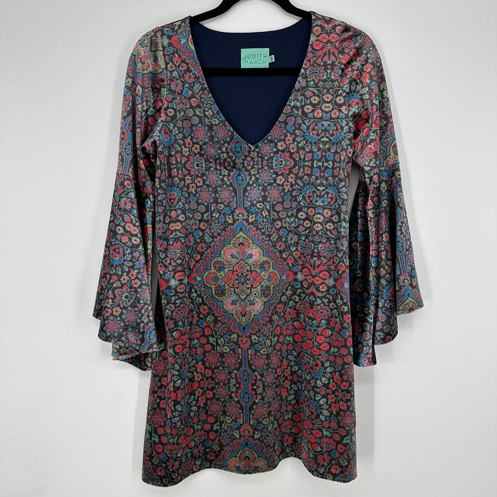Judith March Arabian Night Velvet Printed Bell Sleeve Skater USA Made Dress Sml